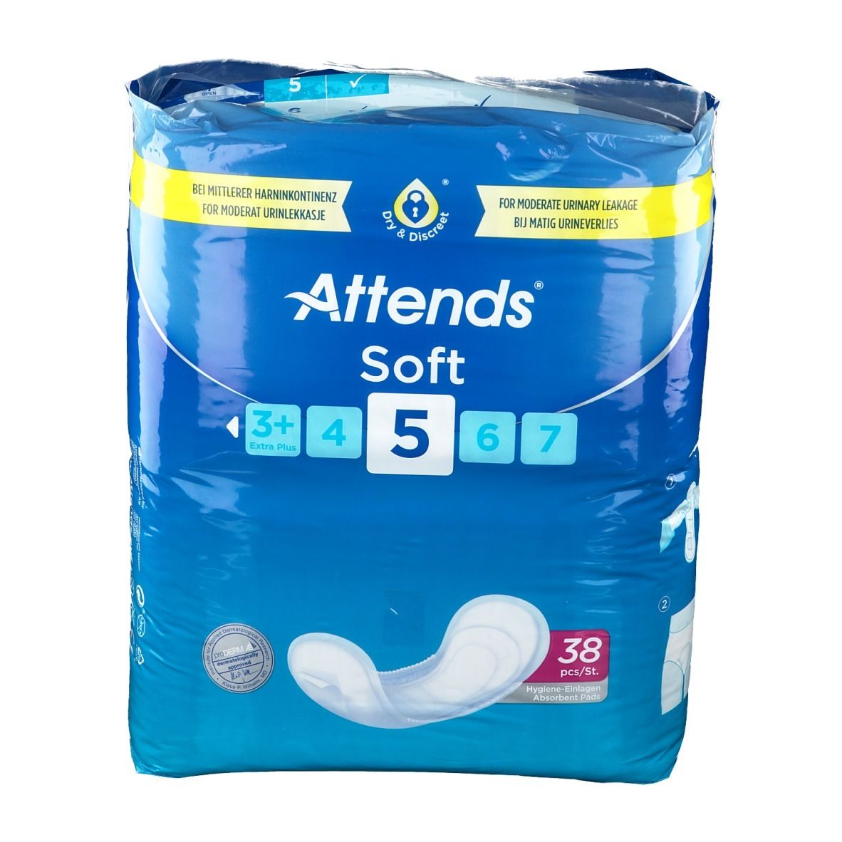 Paquet Attends Soft 5. Emballage bleu avec image du produit et texte. 38 pièces.