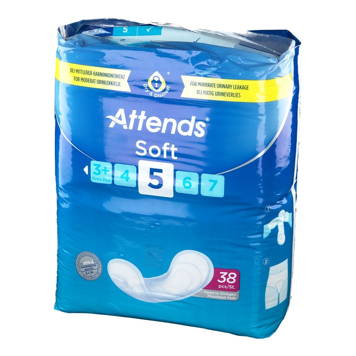 Paquet Attends Soft 5. Emballage bleu avec image du produit et texte. 38 pièces.