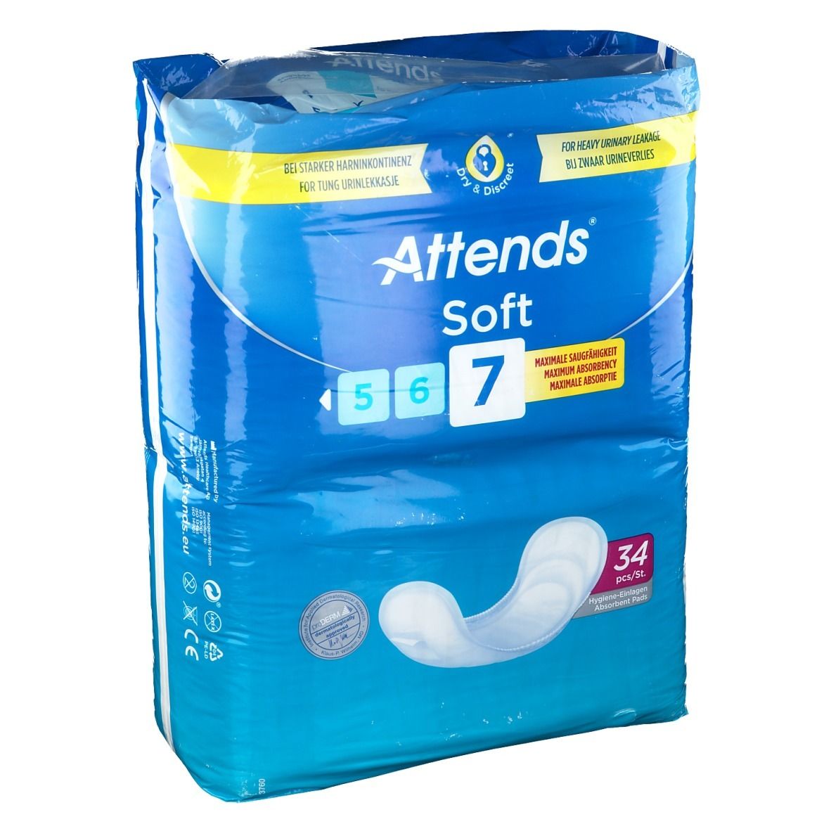 Paquet de culottes Attends Soft 7. Bleu, avec image du produit et texte. Contient 34 pièces. Pour fuites urinaires sévères.