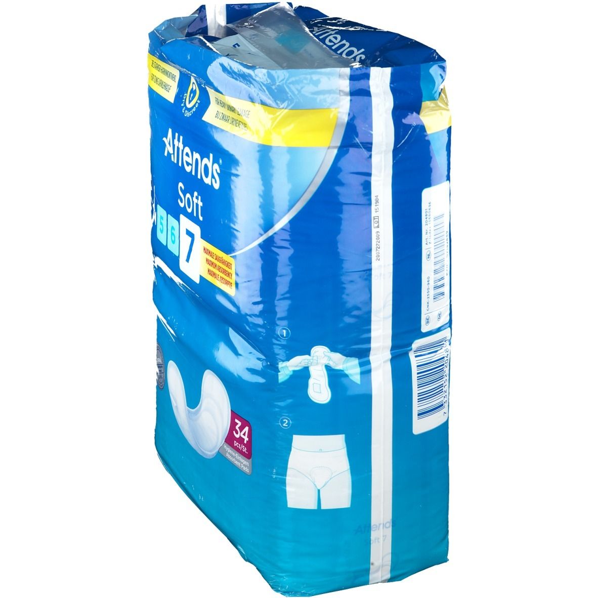Vue latérale du paquet de culottes Attends Soft 7. Bleu, avec image et texte. Contient 34 pièces. Pour fuites urinaires sévères.