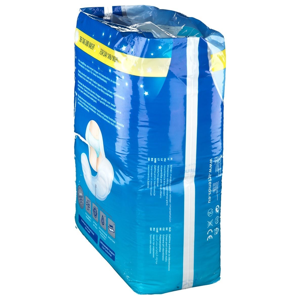 Vue latérale du paquet de culottes Attends Soft 7. Bleu, avec image et texte. Pour fuites urinaires sévères.