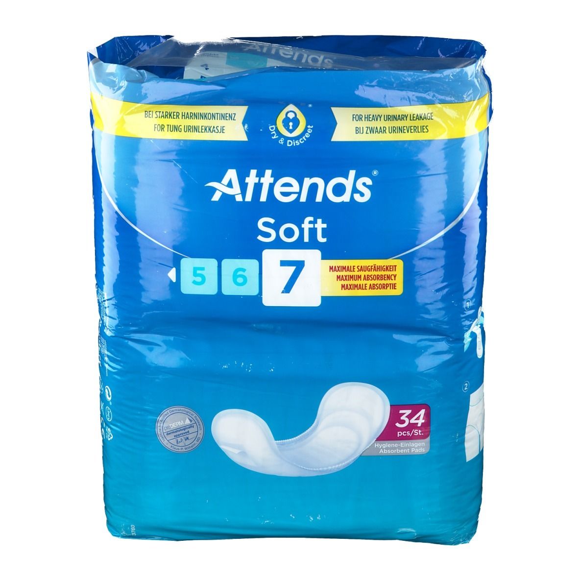 Paquet de culottes Attends Soft 7. Bleu, avec image du produit et texte. Contient 34 pièces. Pour fuites urinaires sévères.