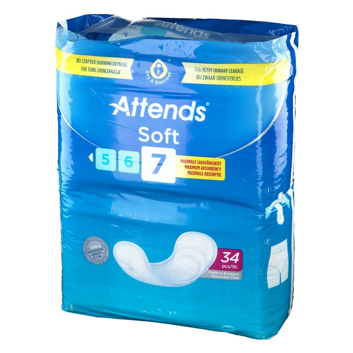 Paquet de culottes Attends Soft 7. Bleu, avec image du produit et texte. Contient 34 pièces. Pour fuites urinaires sévères.