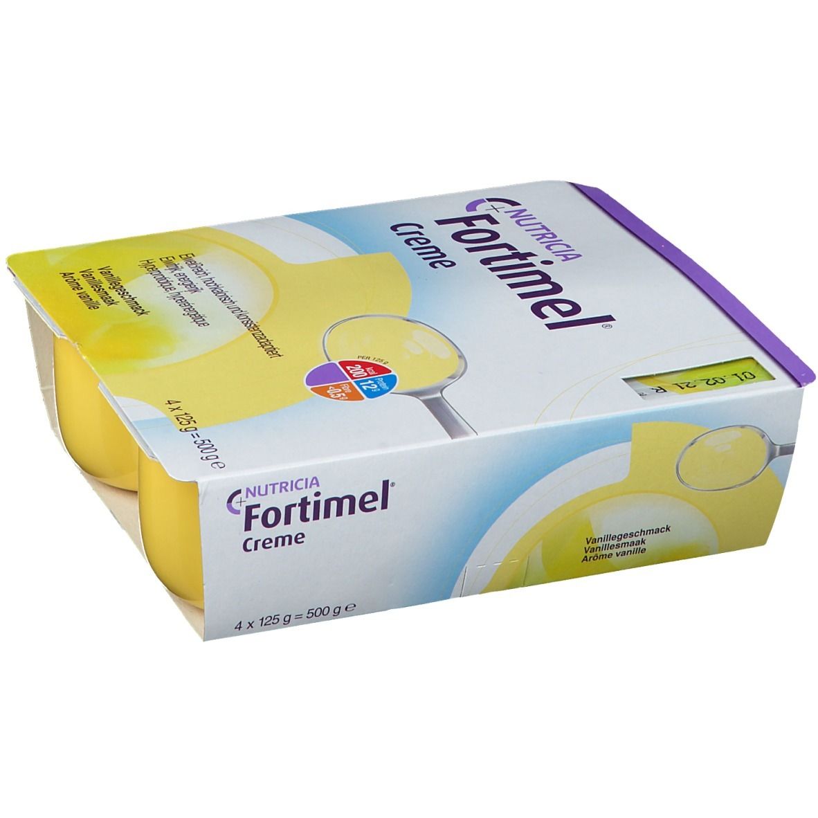 Emballage de quatre pots de Fortimel Crème Vanille. Inscription : Nutricia Fortimel Crème. Pots individuels jaunes, emballage blanc.