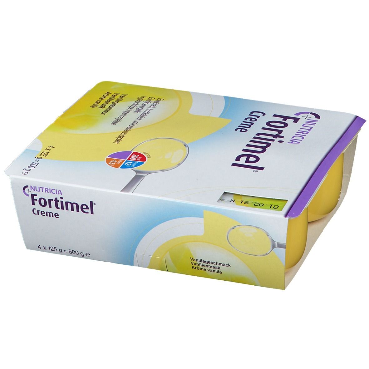 Emballage de quatre pots de Fortimel Crème Vanille. Inscription : Nutricia Fortimel Crème. Pots individuels jaunes, emballage blanc.