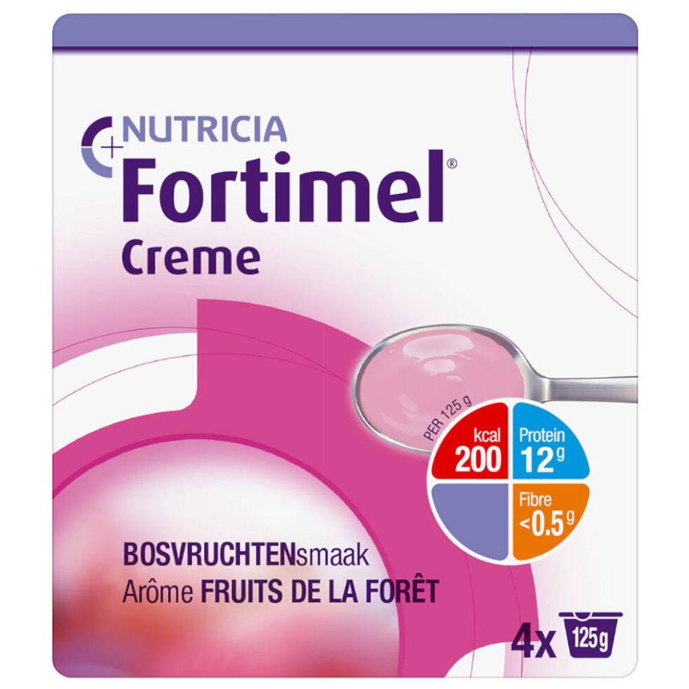 Emballage de Fortimel Crème, goût fruits des bois. Contient 4 pots de 125g. Informations nutritionnelles: 200 kcal, 12g protéines, <0.5g fibres.