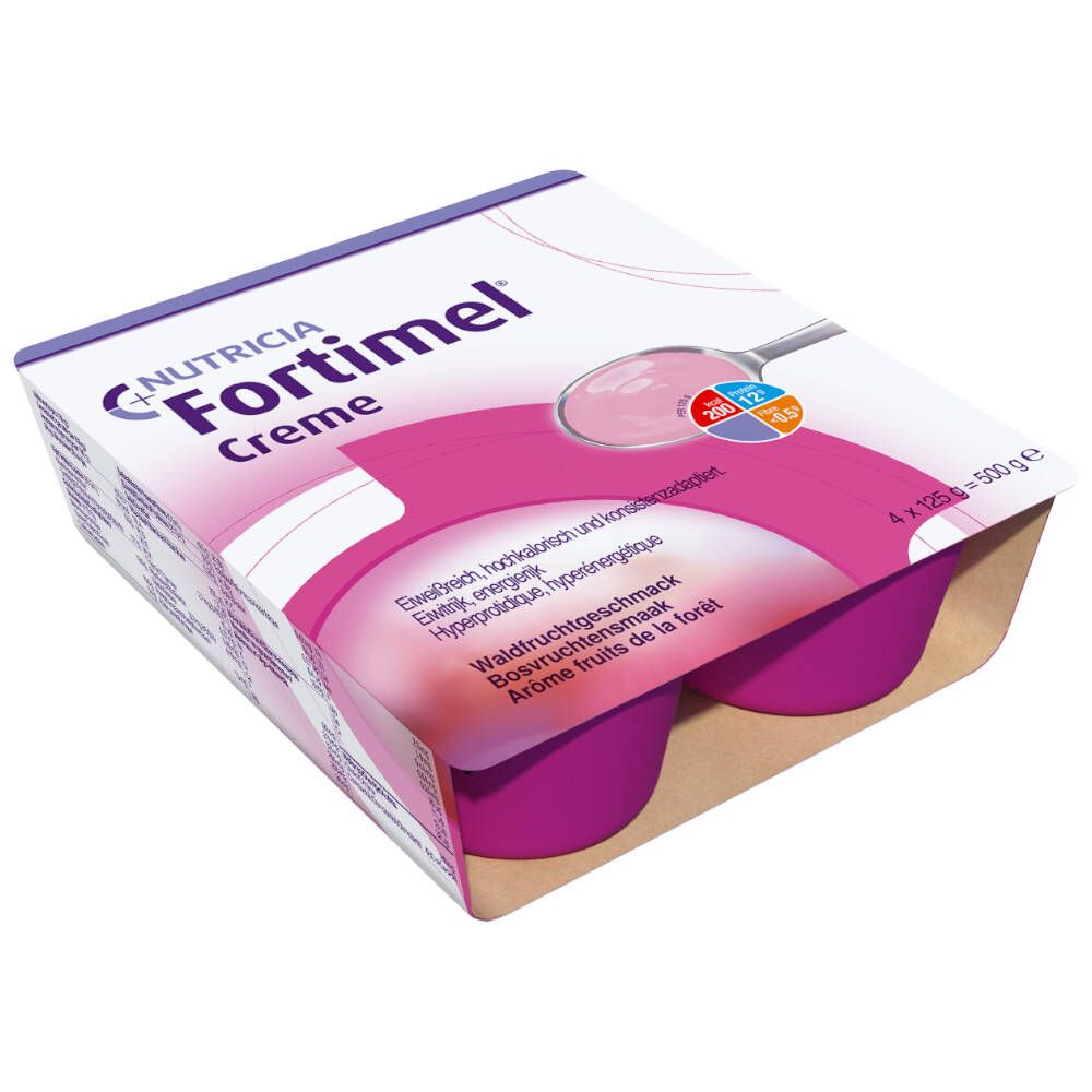 Emballage de Fortimel Crème, 4 pots. Goût: fruits des bois. Informations nutritionnelles sur l'emballage. 4 x 125g.