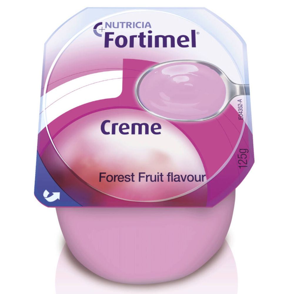 Pot individuel de Fortimel Crème, goût fruits des bois. 125g. Crème rose dans un pot. Inscription: Forest Fruit flavour.