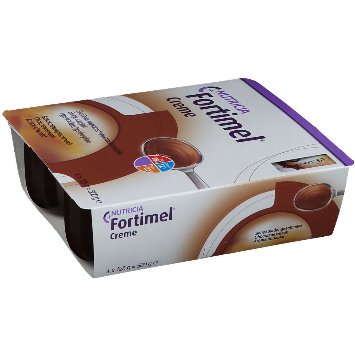 Emballage de Fortimel Crème Chocolat, quatre pots. Inscriptions : Nutricia, Crème, goût chocolat, 4 x 125 g.