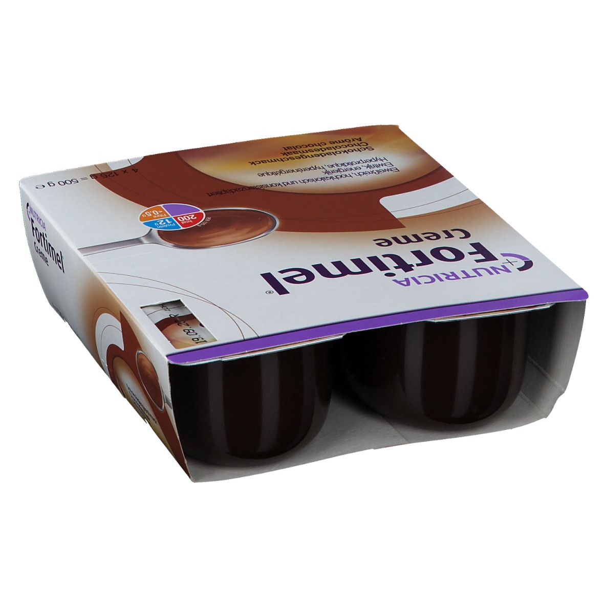 Emballage de Fortimel Crème Chocolat, quatre pots. Inscriptions : Nutricia, Crème, goût chocolat, 4 x 125 g.