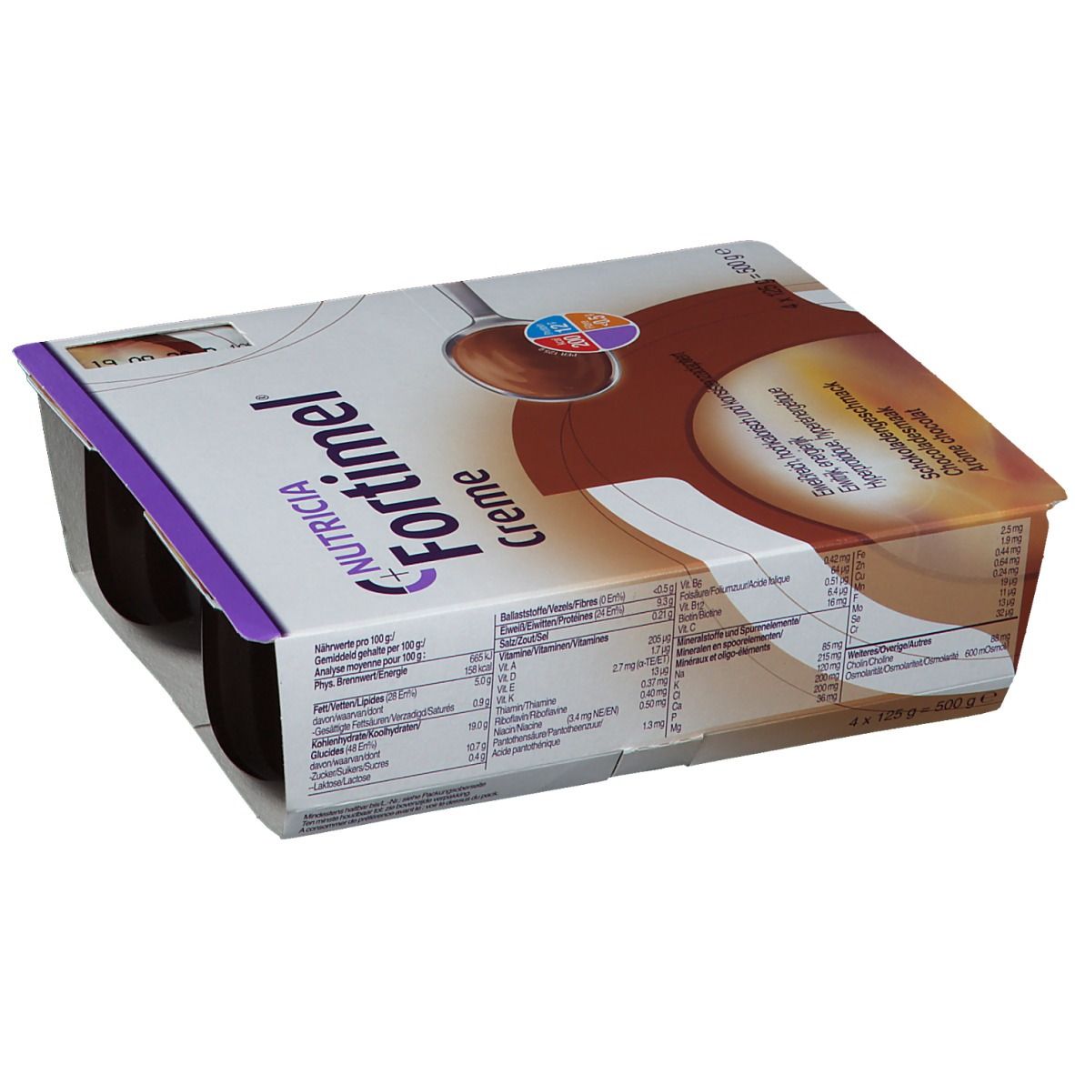 Emballage de Fortimel Crème Chocolat, quatre pots. Inscriptions : Nutricia, Crème, goût chocolat, 4 x 125 g.
