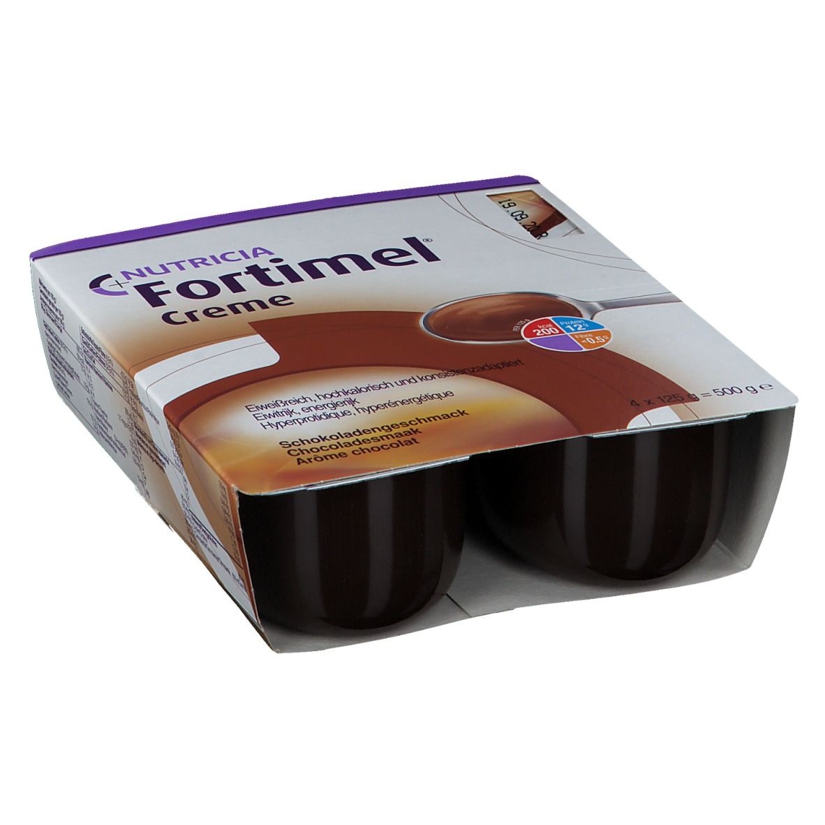 Emballage de Fortimel Crème Chocolat, quatre pots. Inscriptions : Nutricia, Crème, goût chocolat, 4 x 125 g.