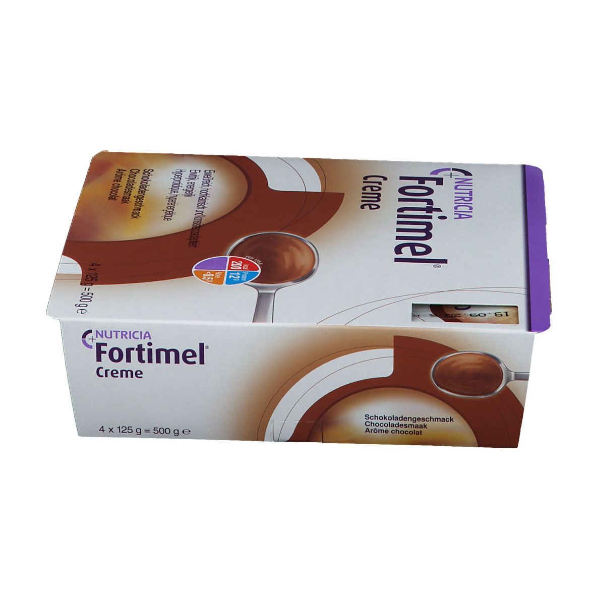 Emballage de Fortimel Crème Chocolat, quatre pots. Inscriptions : Nutricia, Crème, goût chocolat, 4 x 125 g.