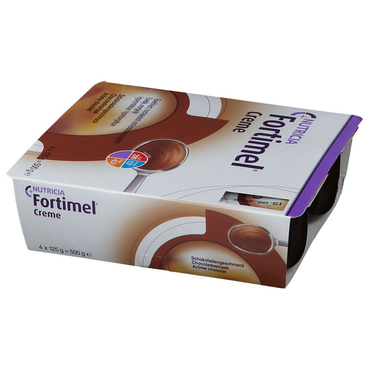 Emballage de Fortimel Crème Chocolat, quatre pots. Inscriptions : Nutricia, Crème, goût chocolat, 4 x 125 g.