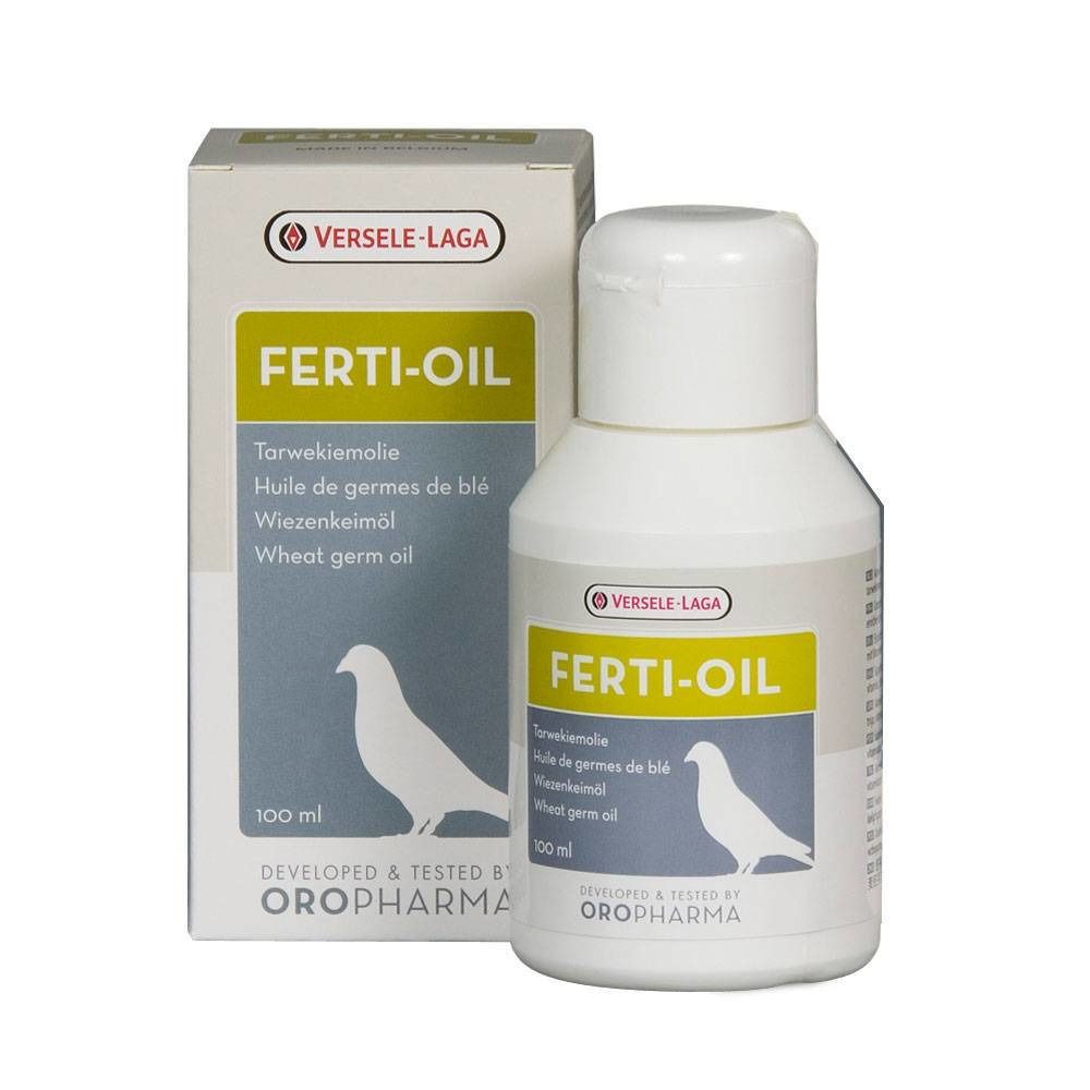 Fles en doos met product. Opschrift: FERTI-OIL, Tarwekiemolie. Merk: VERSELE-LAGA. 100 ml.