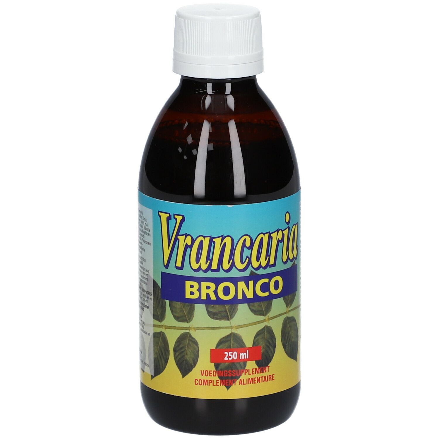 Liquide brun en bouteille à bouchon blanc. Étiquette avec "Vrancaria BRONCO" et 250 ml.