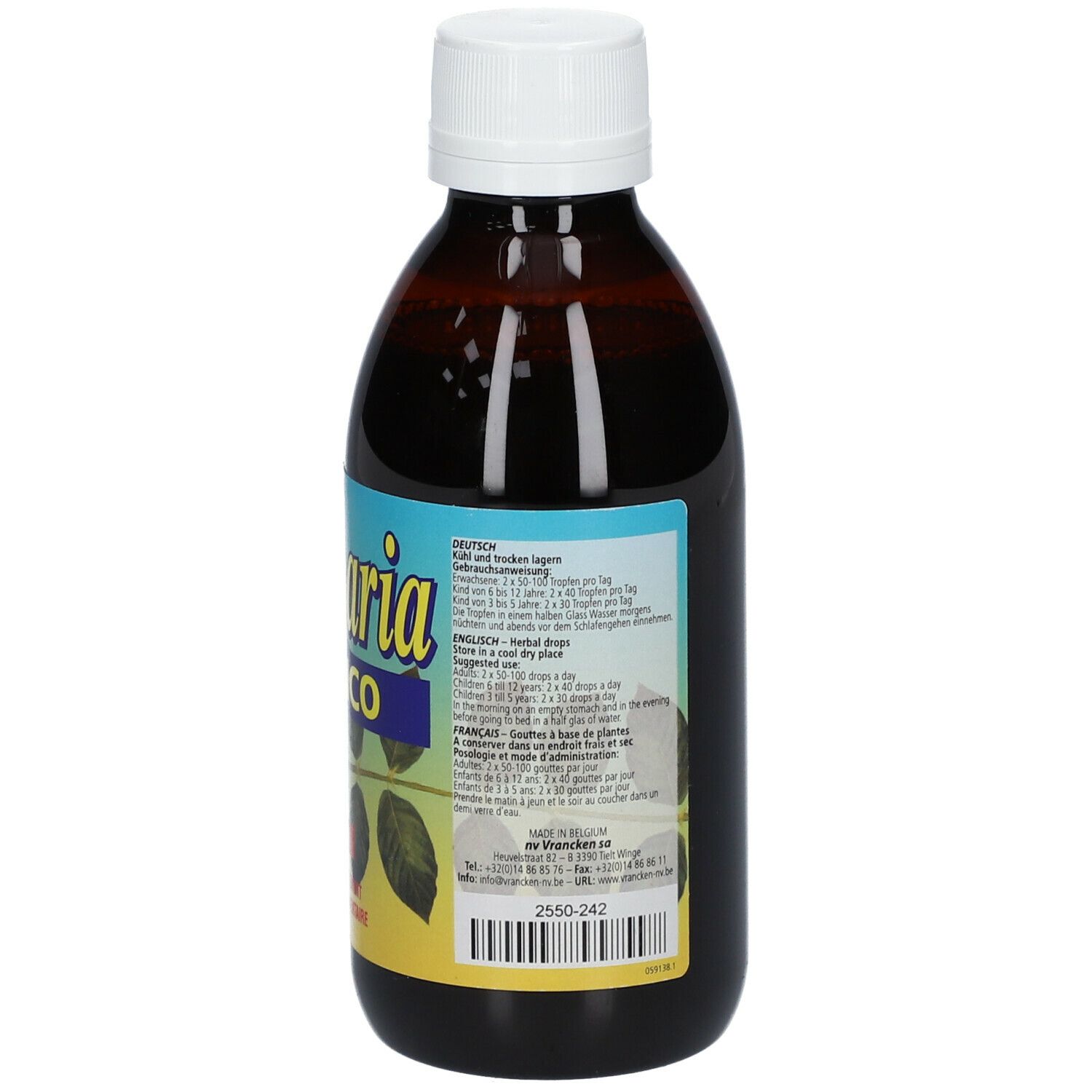 Vue arrière d'une bouteille de liquide brun. Étiquette avec texte, dont "Vrancaria BRONCO" et numéro de lot.