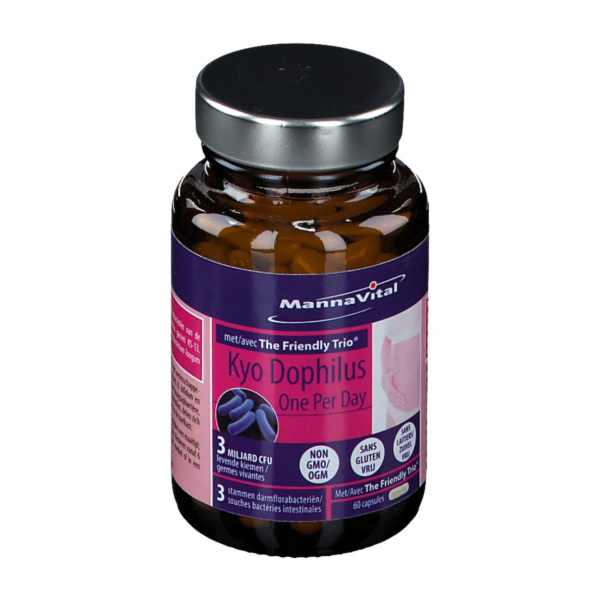Braune Glasflasche mit Kapseln. Aufschrift: MannaVital Kyo Dophilus, 60 Kapseln. Enthält 3 Milliarden CFU lebende Keime, 3 Stämme Darmbakterien.
