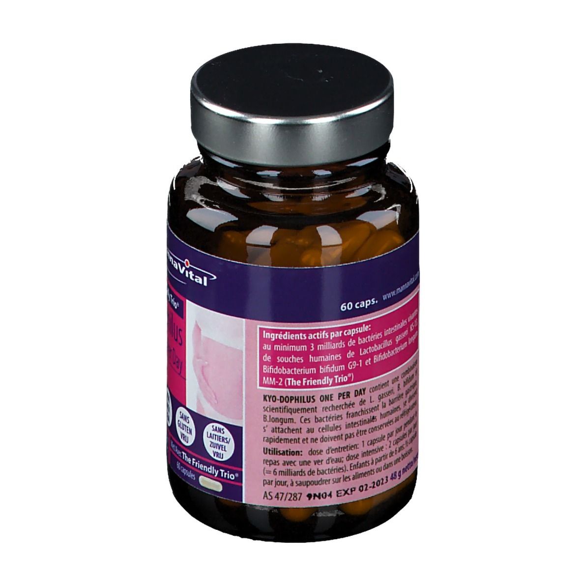 Braune Glasflasche mit Kapseln. Aufschrift: MannaVital Kyo Dophilus, 60 Kapseln. Rückseite mit Produktinformationen.