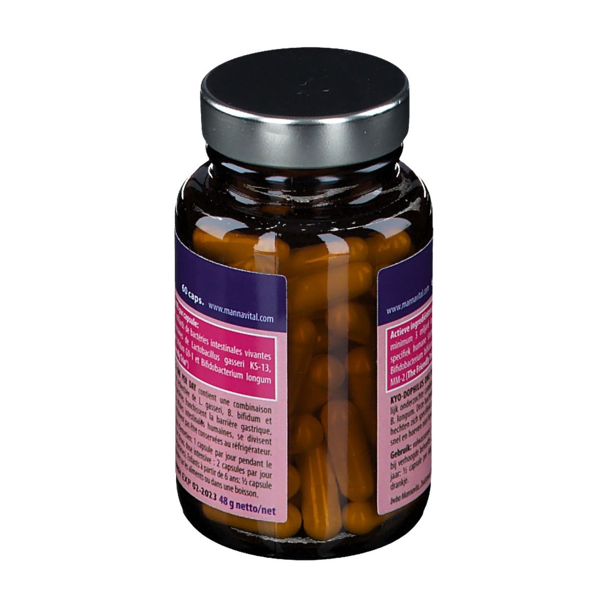 Braune Glasflasche mit Kapseln. Aufschrift: MannaVital Kyo Dophilus, 60 Kapseln. Rückseite mit Produktinformationen.