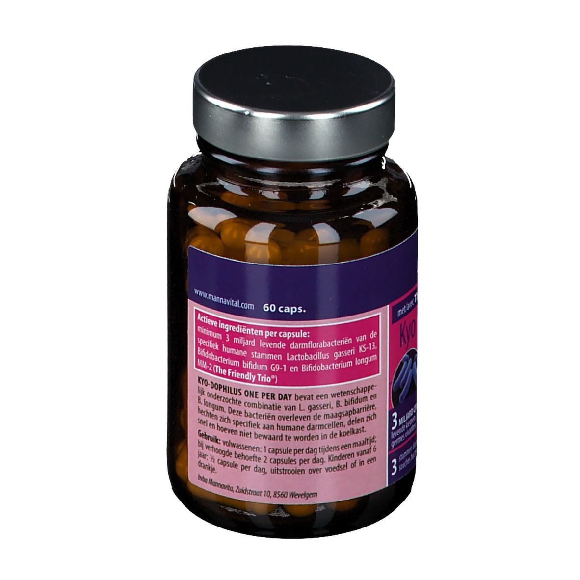Braune Glasflasche mit Kapseln. Aufschrift: MannaVital Kyo Dophilus, 60 Kapseln. Rückseite mit Produktinformationen.