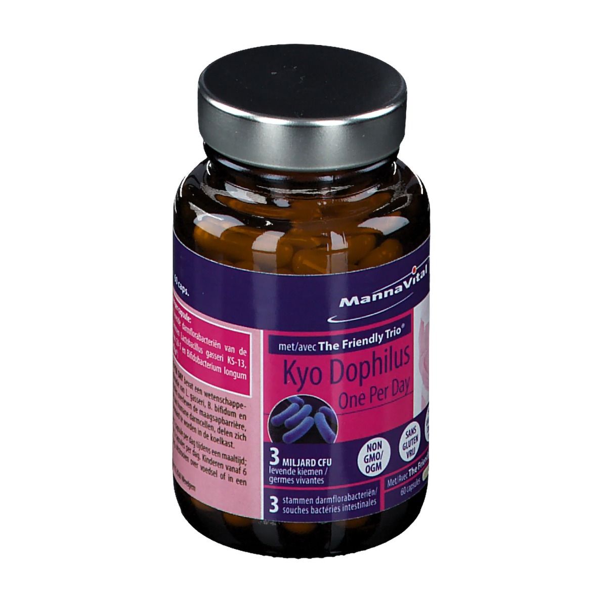 Braune Glasflasche mit Kapseln. Aufschrift: MannaVital Kyo Dophilus, 60 Kapseln. Rückseite mit Produktinformationen.