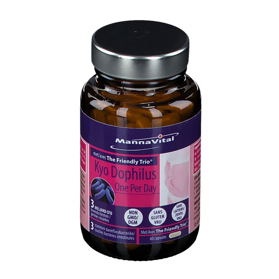 Braune Glasflasche mit Kapseln. Aufschrift: MannaVital Kyo Dophilus, 60 Kapseln. Rückseite mit Produktinformationen.