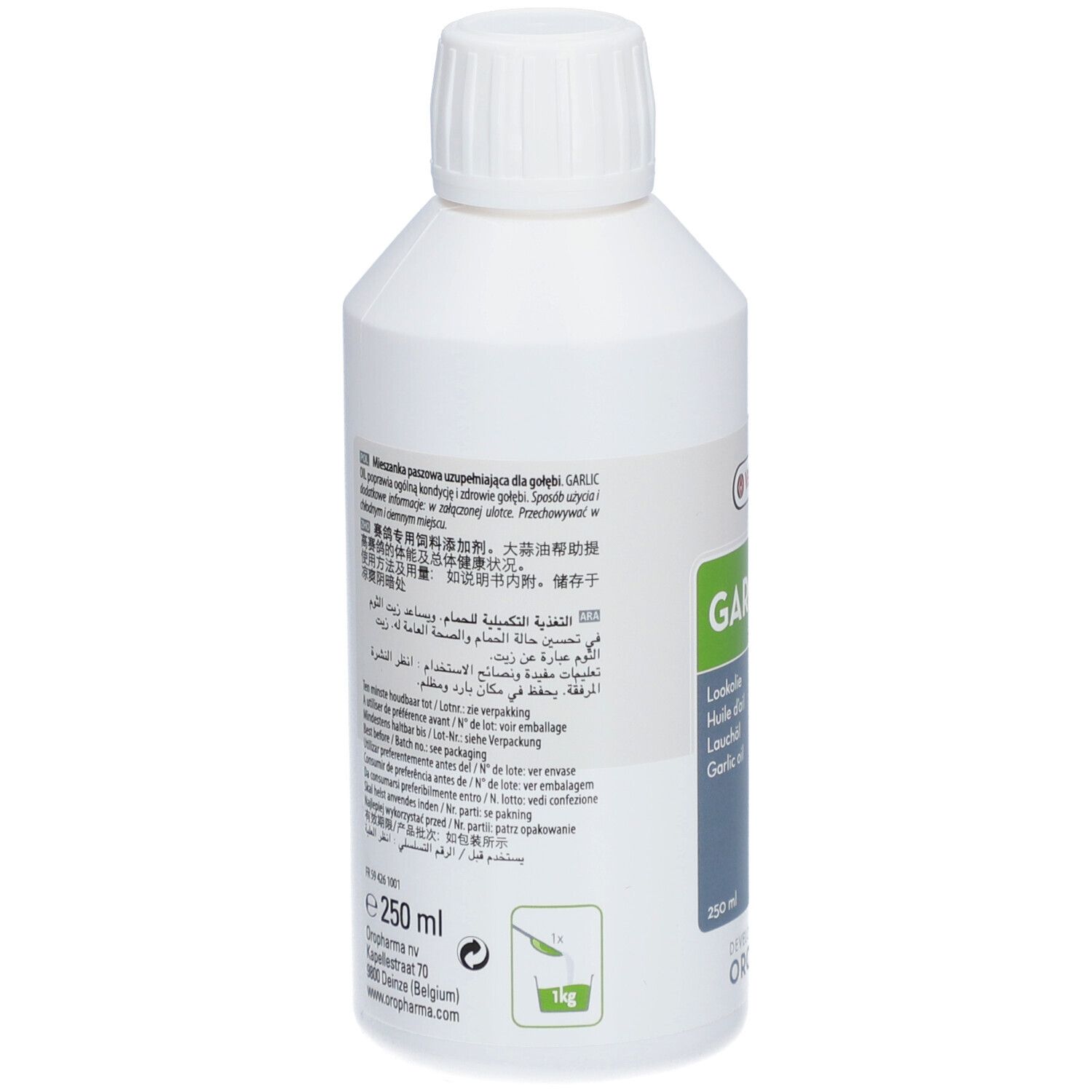 Rückseite einer weißen Flasche. Text in mehreren Sprachen. Aufschrift: GARLIC OIL. 250 ml. Abbildung eines Vogels.