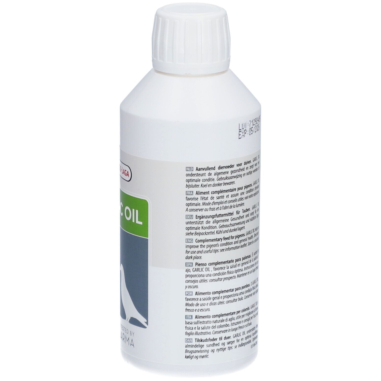 Rückseite einer weißen Flasche. Text in mehreren Sprachen. Aufschrift: GARLIC OIL. 250 ml. Haltbarkeitsdatum.