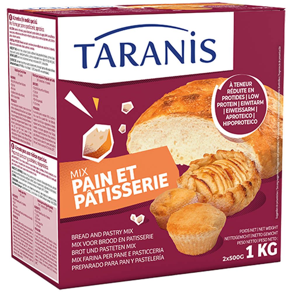 Doos met brood- en gebakmix. Opschrift: Taranis, Mix Pain et Patisserie. Afbeelding van brood en gebak.