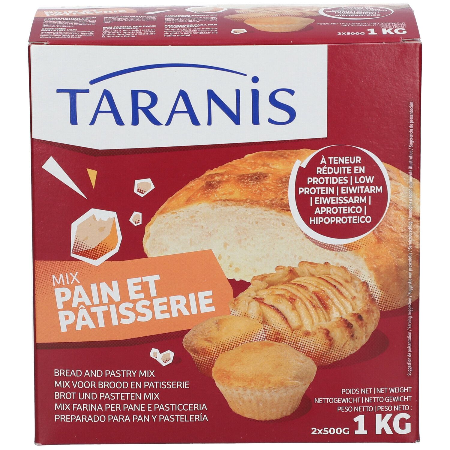 Doos met brood- en gebakmix. Opschrift: Taranis, Mix Pain et Patisserie. Afbeelding van brood en gebak.
