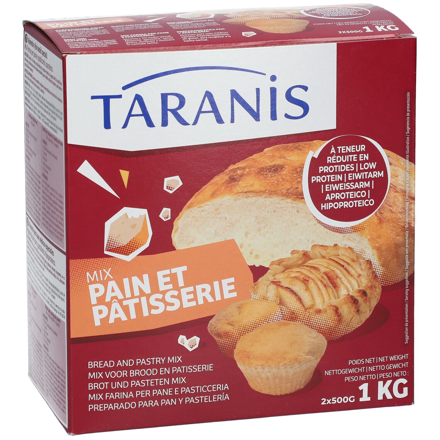 Doos met brood- en gebakmix. Opschrift: Taranis, Mix Pain et Patisserie. Afbeelding van brood en gebak.