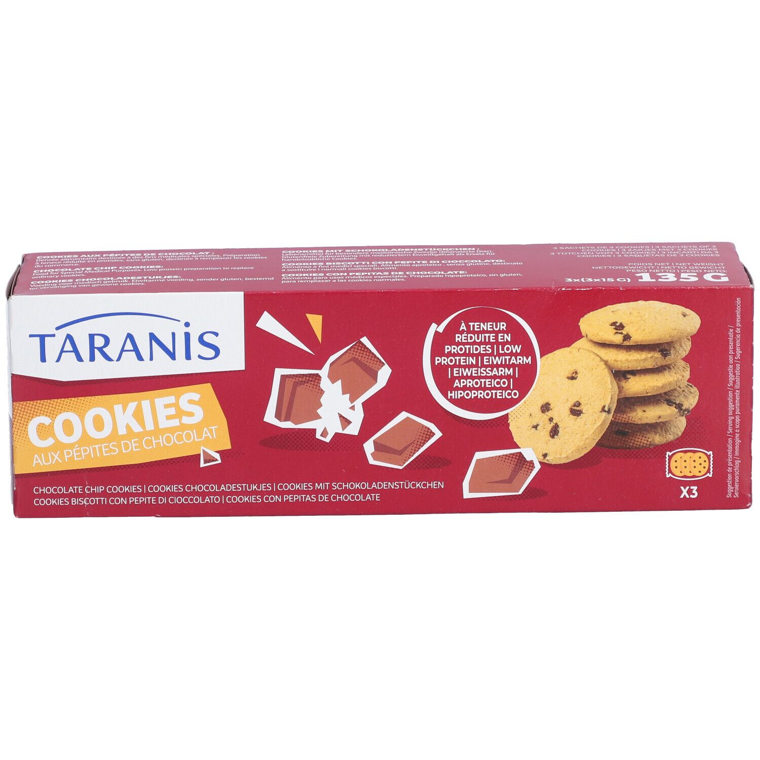 Boîte rouge avec biscuits. Inscription : Taranis Cookies aux pépites de chocolat. Illustration de biscuits et morceaux de chocolat.