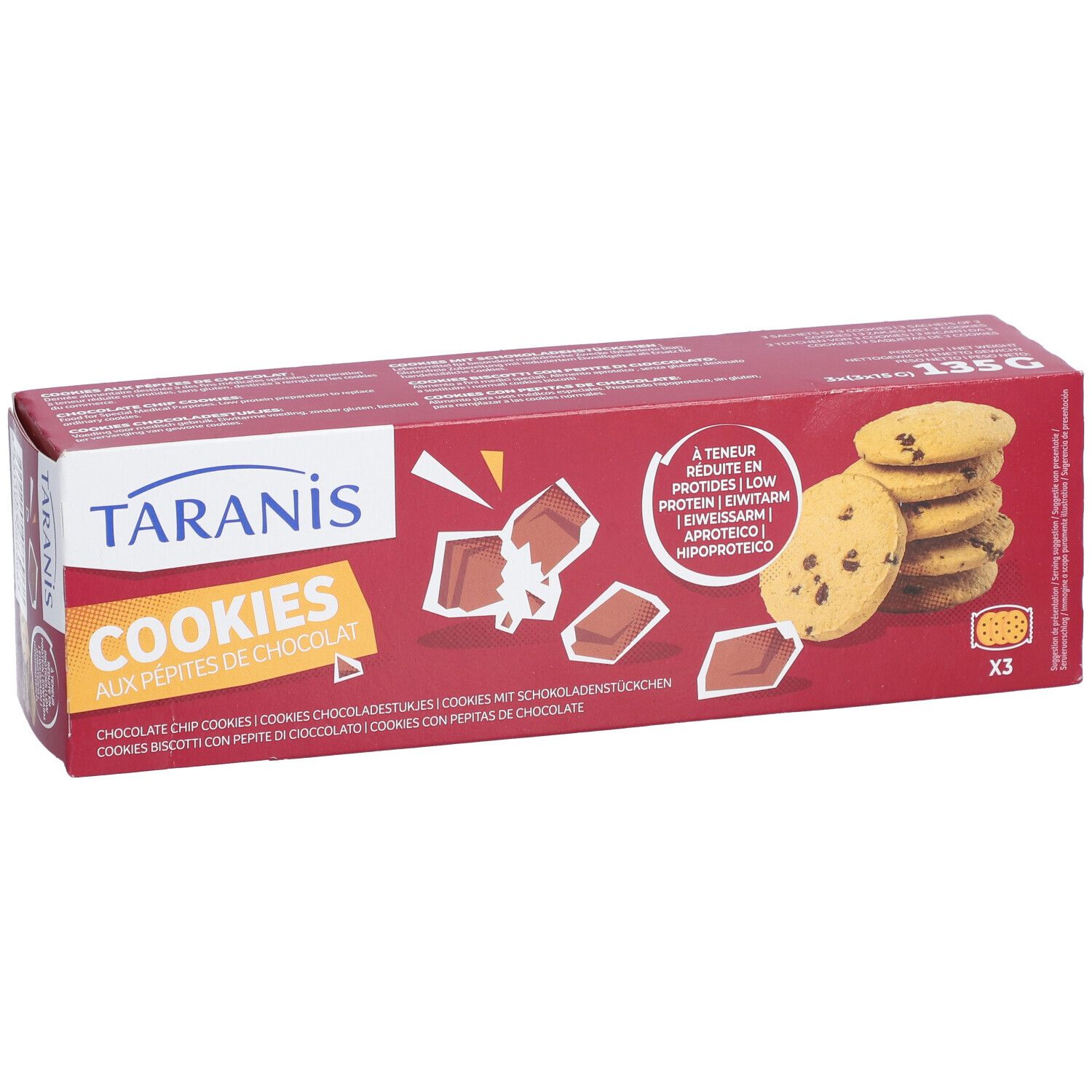 Boîte rouge avec biscuits. Inscription : Taranis Cookies aux pépites de chocolat. Illustration de biscuits et morceaux de chocolat.