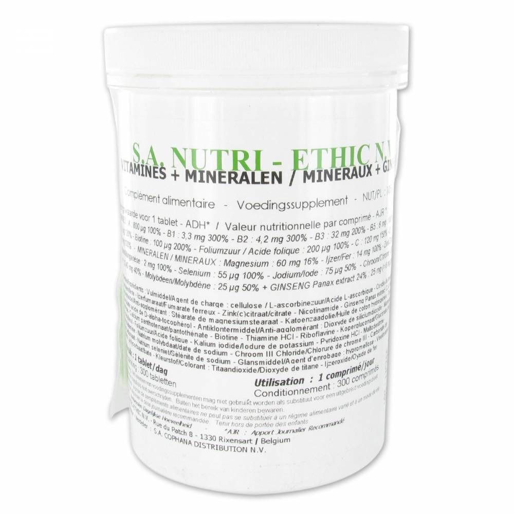 Récipient cylindrique blanc avec texte. Contient vitamines, minéraux et ginseng. Texte multilingue. Couvercle visible.