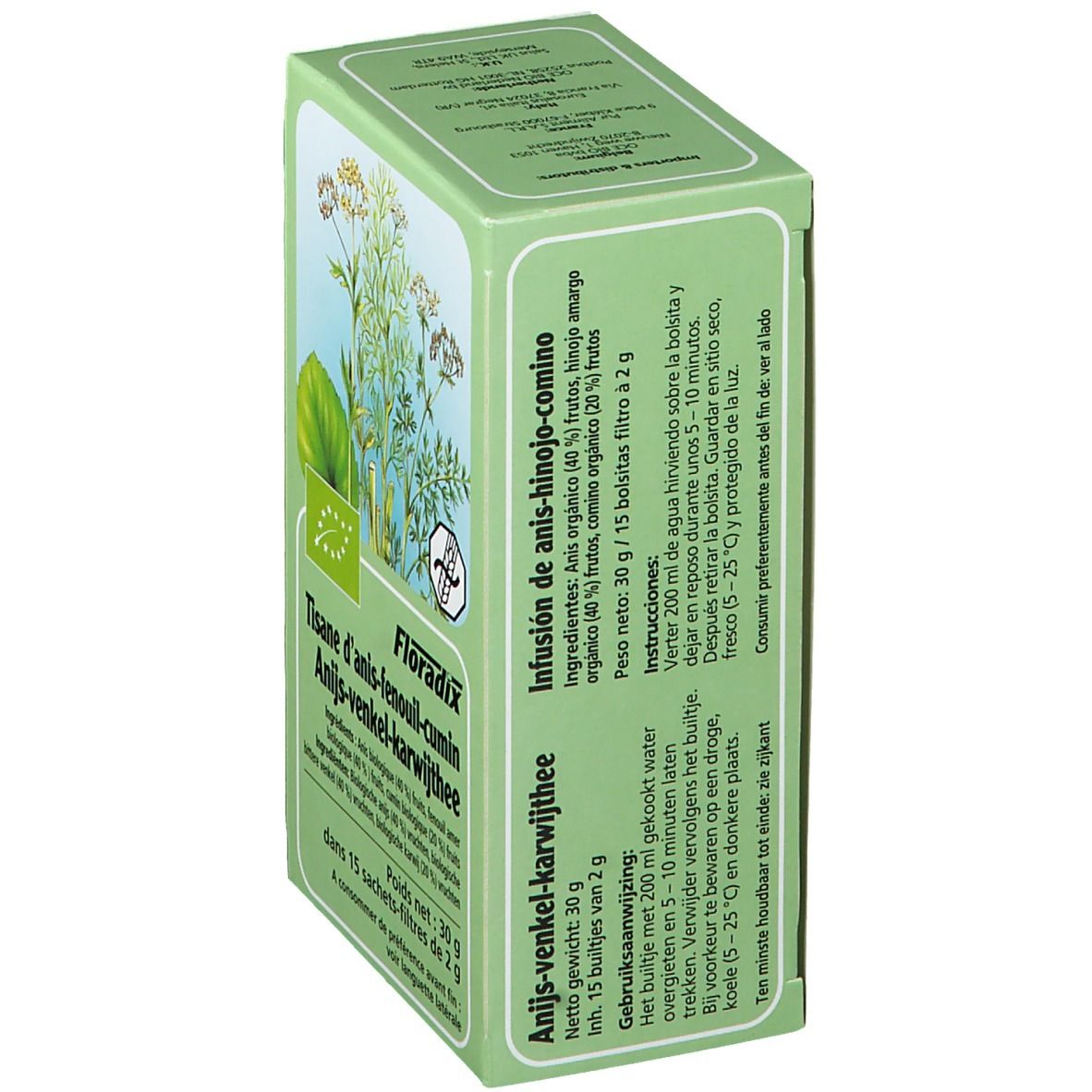 Grüne Schachtel mit Floradix-Tee. Aufdruck: Anis-Fenchel-Kümmel Tee, Zutaten, Bio-Siegel. Anweisungen auf der Seite.