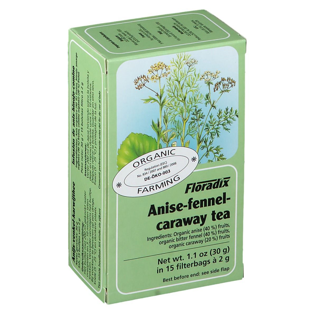 Grüne Schachtel mit Floradix-Tee. Aufdruck: Anis-Fenchel-Kümmel Tee, Zutaten, Bio-Siegel. Organic Farming.