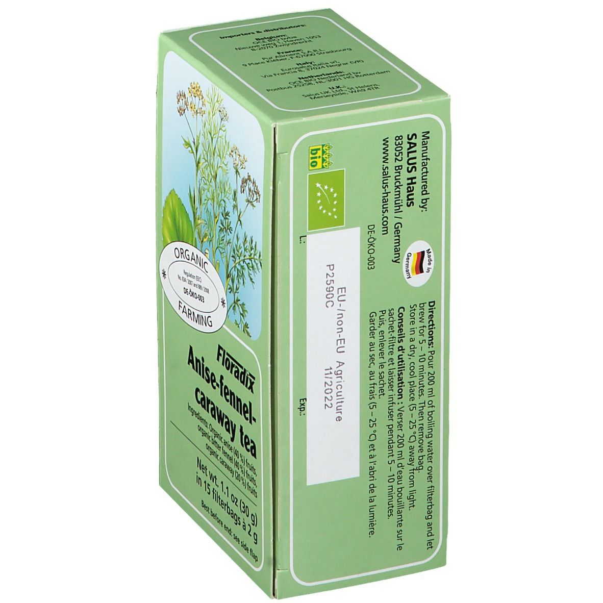 Grüne Schachtel mit Floradix-Tee. Aufdruck: Anis-Fenchel-Kümmel Tee, Zutaten, Bio-Siegel. Herstellerinformationen.