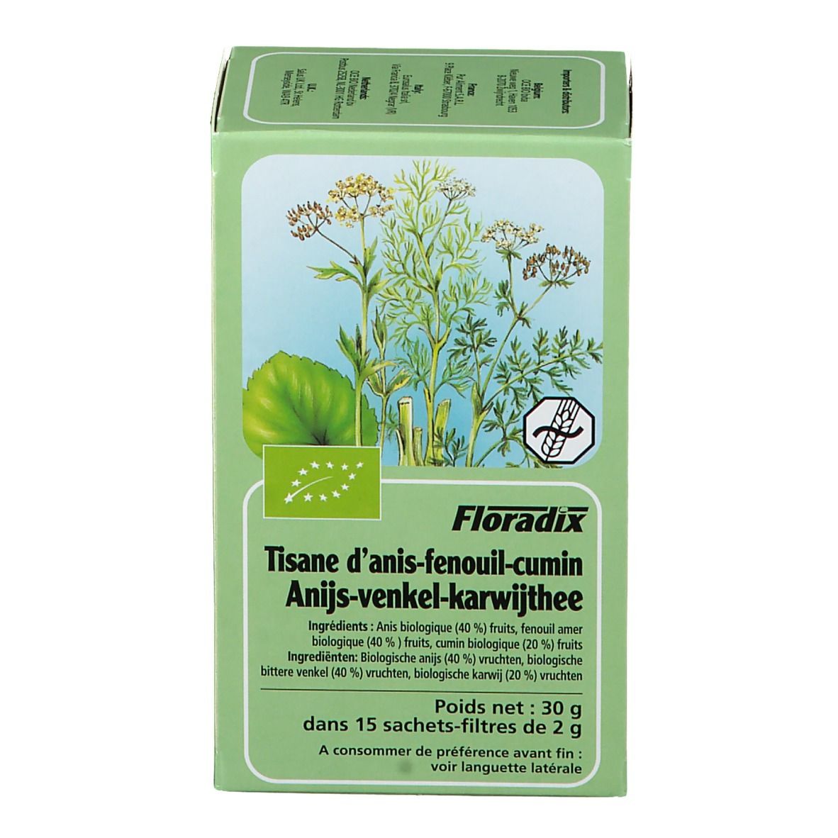 Grüne Schachtel mit Floradix-Tee. Aufdruck: Anis-Fenchel-Kümmel Tee, Zutaten, Bio-Siegel. 15 Filterbeutel.