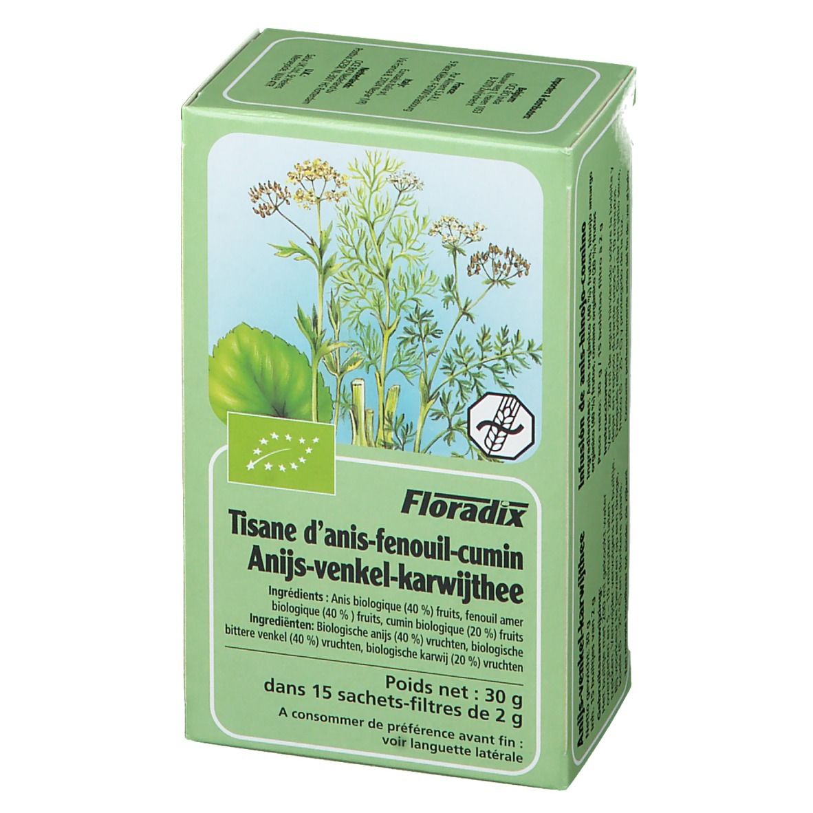 Grüne Schachtel mit Floradix-Tee. Aufdruck: Anis-Fenchel-Kümmel Tee, Zutaten, Bio-Siegel. 15 Filterbeutel.