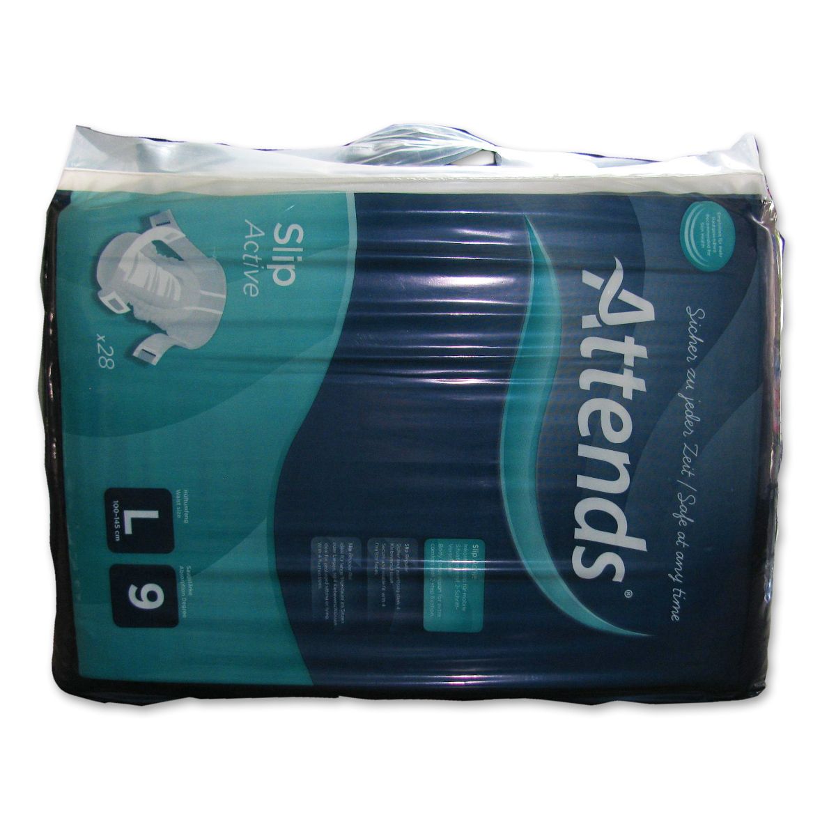 Paquet Attends Slip Active 9 Gr. L. Bleu et blanc. Contient 28 unités. Logo Attends. Taille L et 9 visibles.