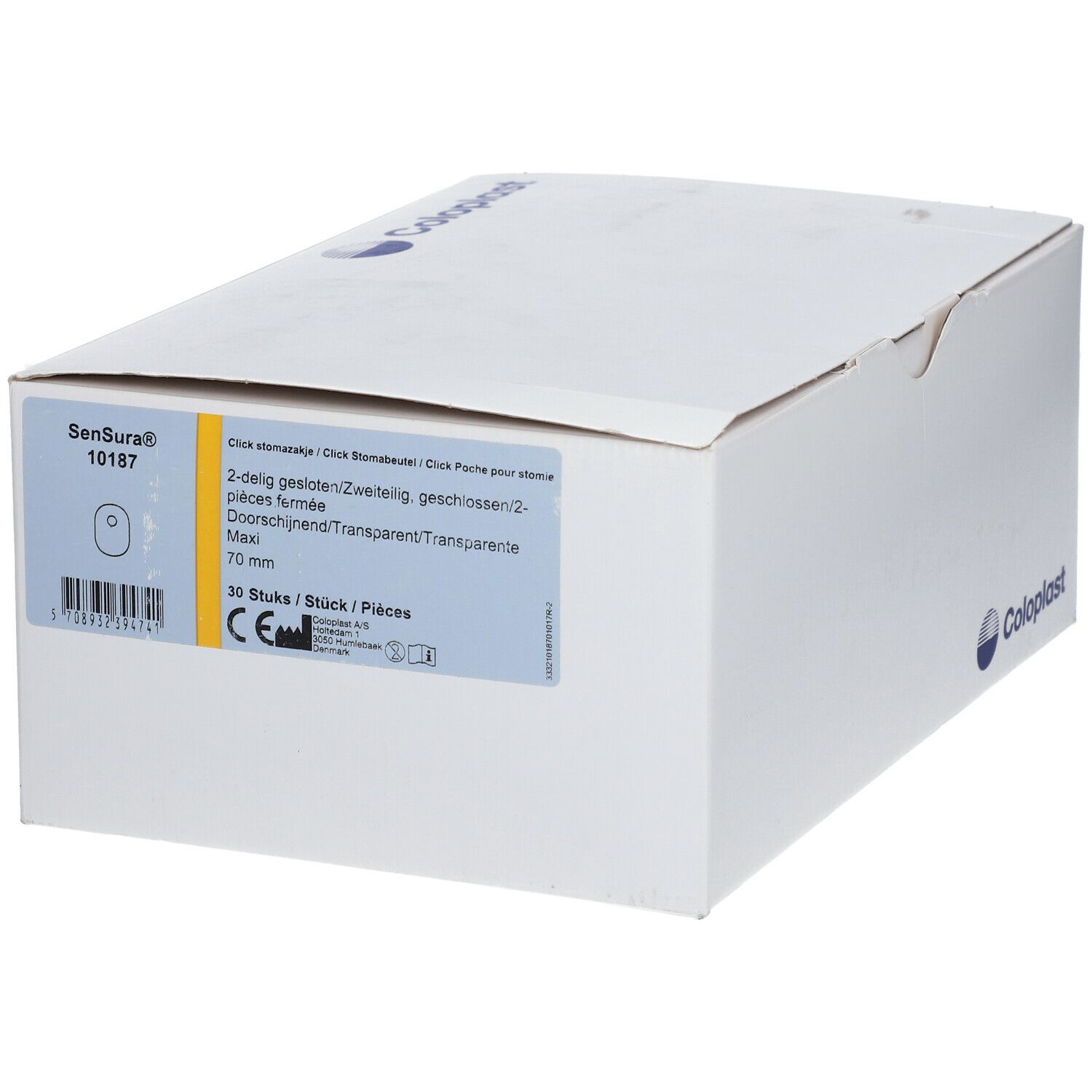 Boîte en carton blanche avec informations produit. Logo Coloplast et nom du produit SenSura. 30 pièces.