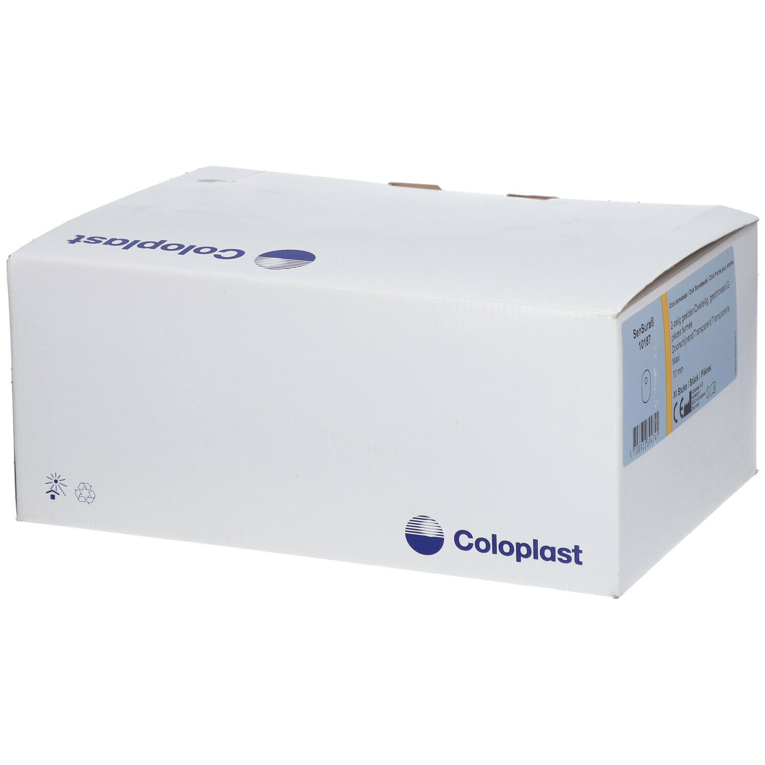 Boîte en carton blanche avec logo Coloplast. Emballage fermé, vue de face.
