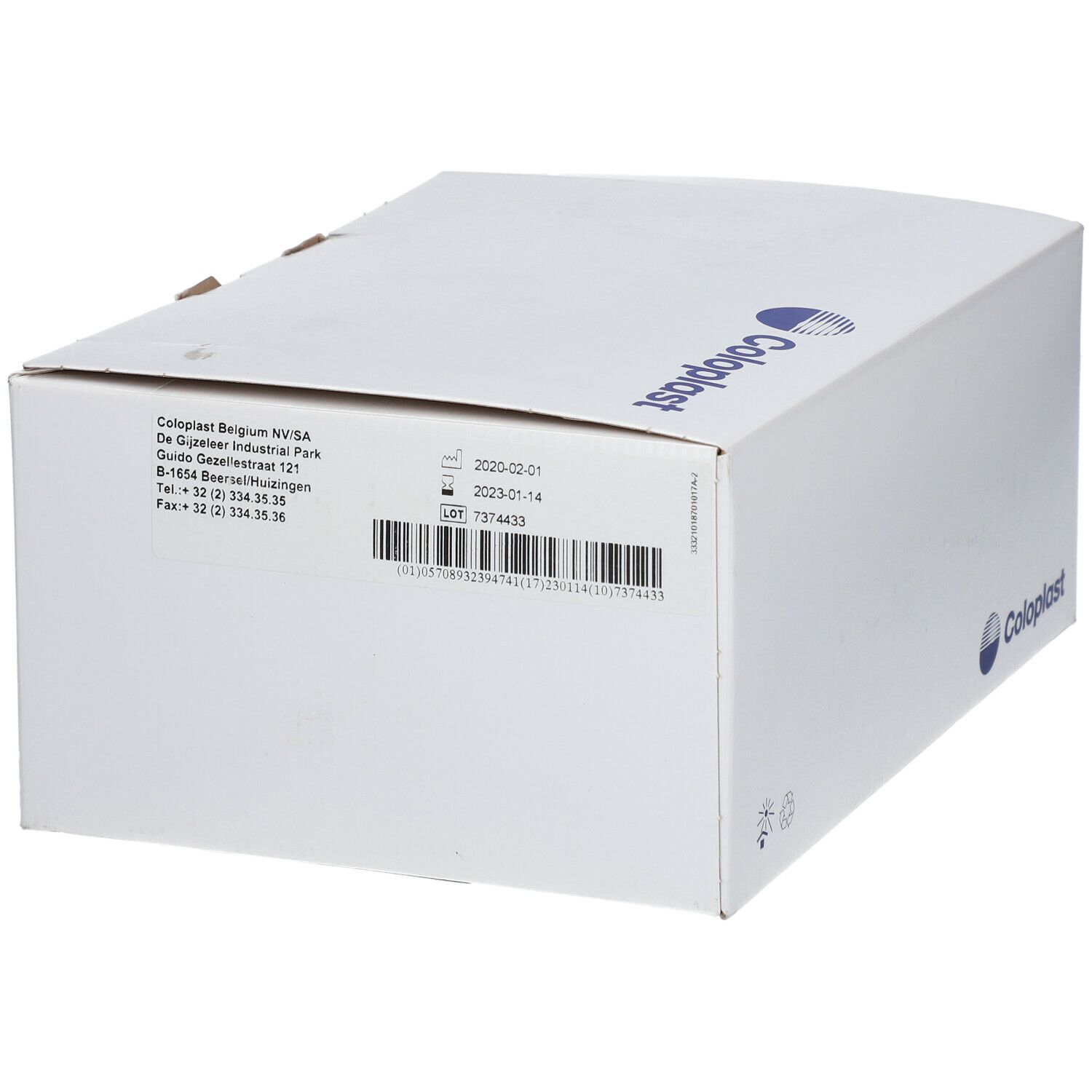 Boîte en carton blanche avec logo Coloplast et informations d'adresse. Verso de l'emballage.