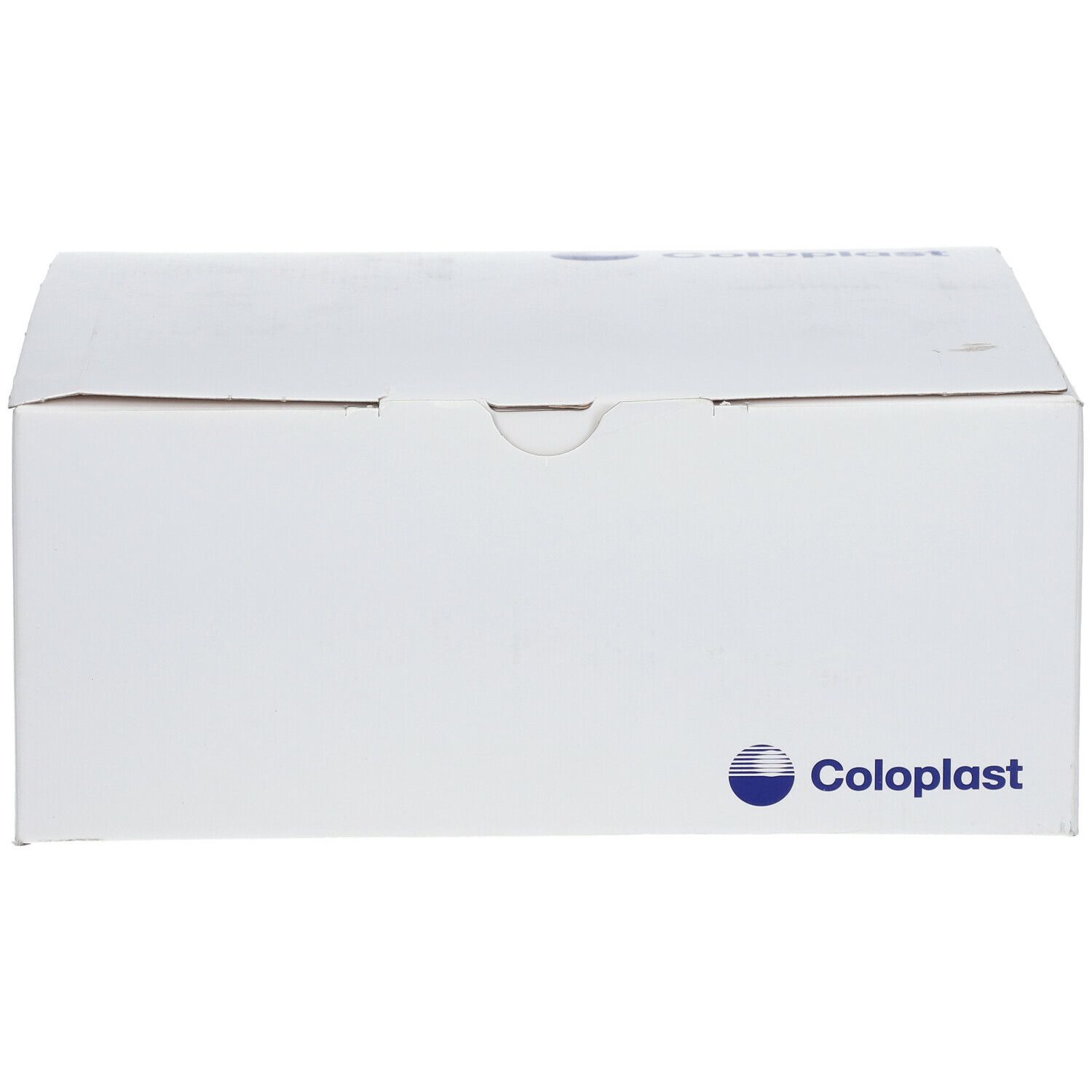 Boîte en carton blanche avec logo Coloplast. Emballage fermé, vue de face.