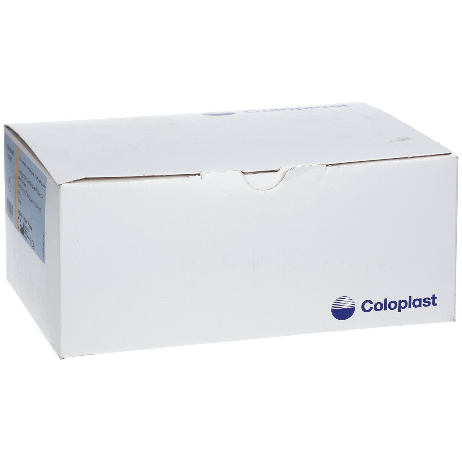 Boîte en carton blanche avec logo Coloplast et informations produit. Vue latérale.