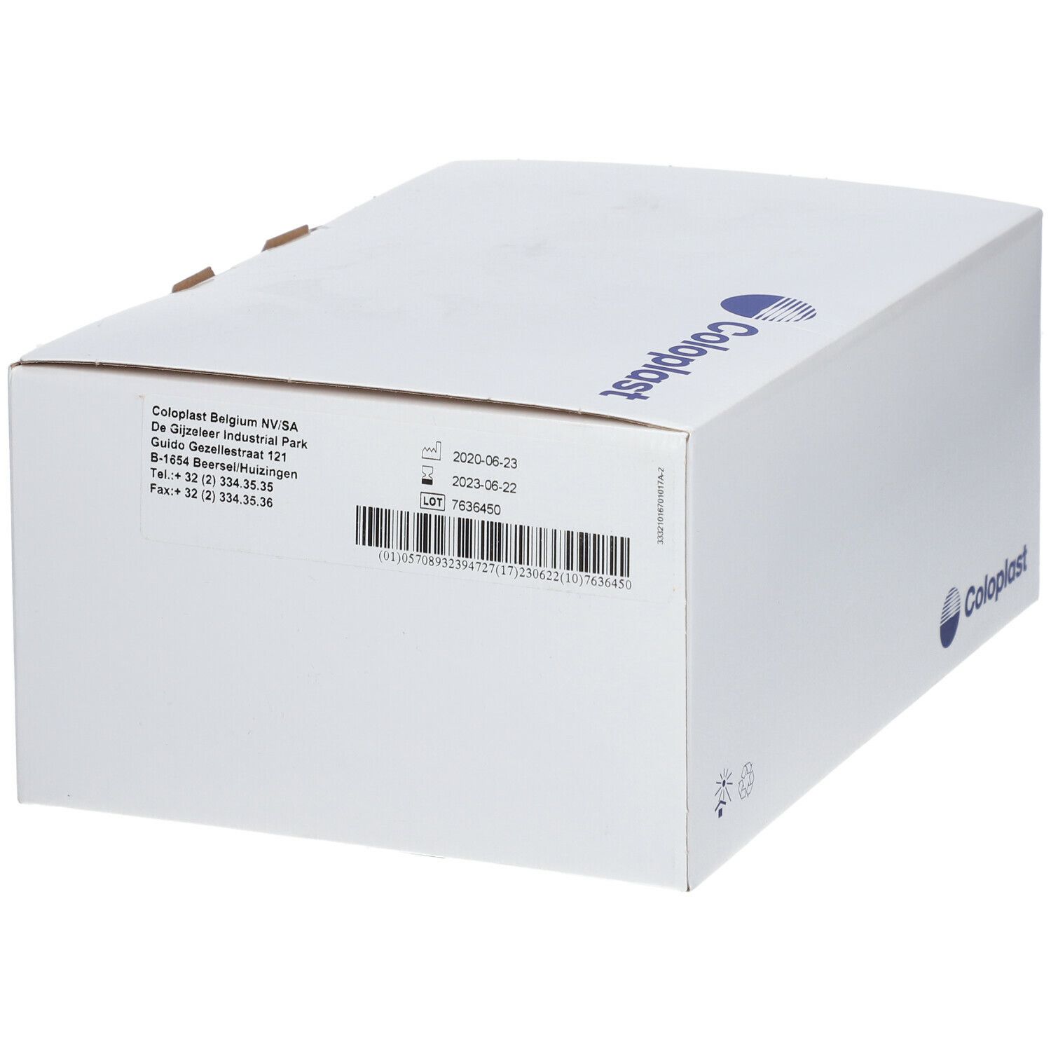 Boîte blanche avec logo Coloplast. Texte et code-barres. Emballage fermé.