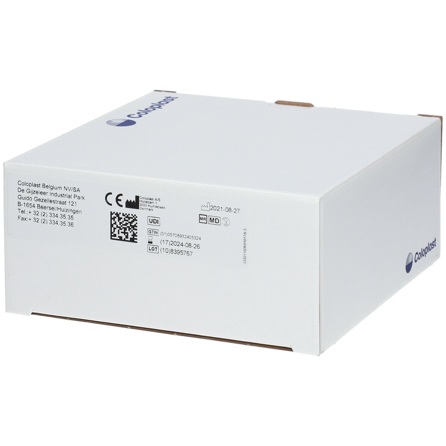 Boîte blanche avec informations produit. Logo et adresse du fabricant. Marquage CE et code QR.