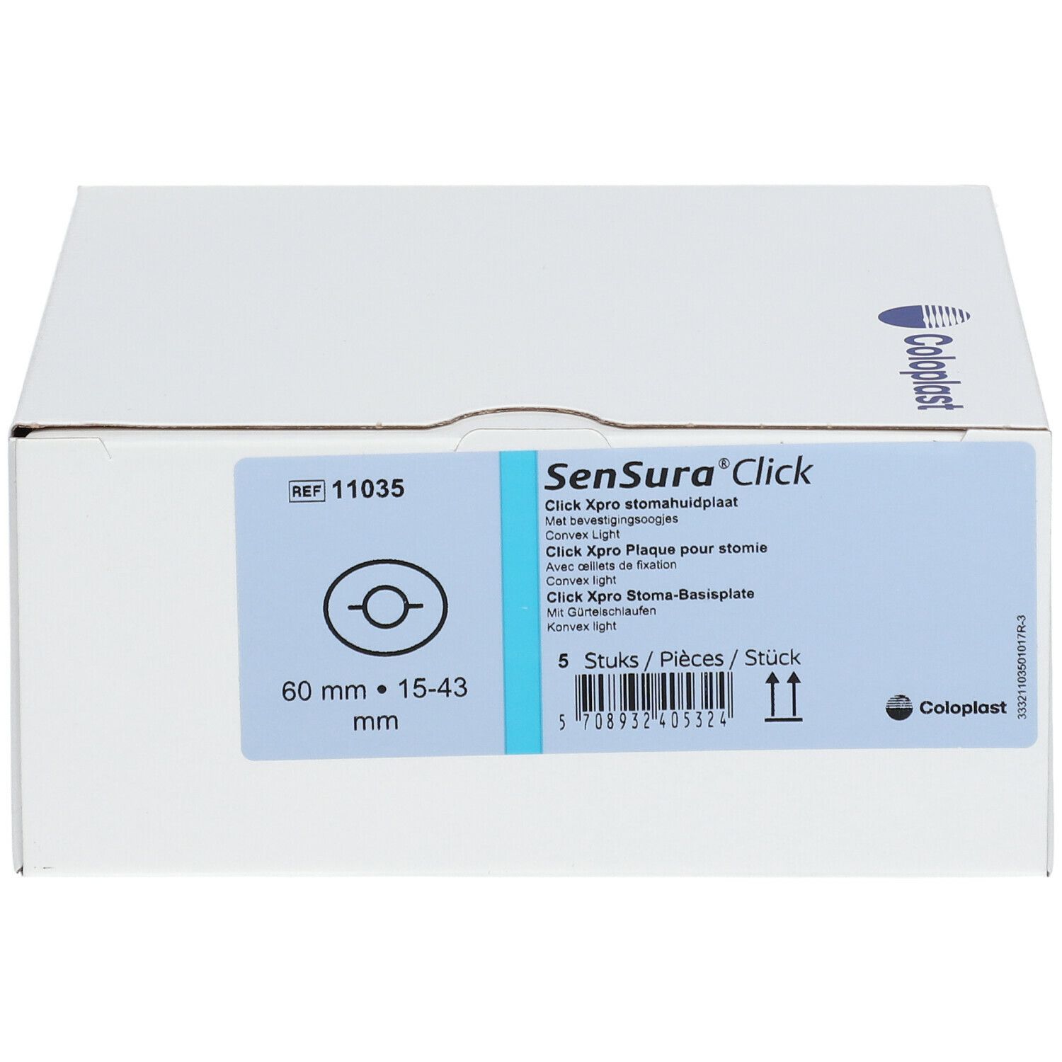 Boîte blanche avec informations produit. Étiquette avec nom du produit, taille 60 mm - 15-43 mm et logo.