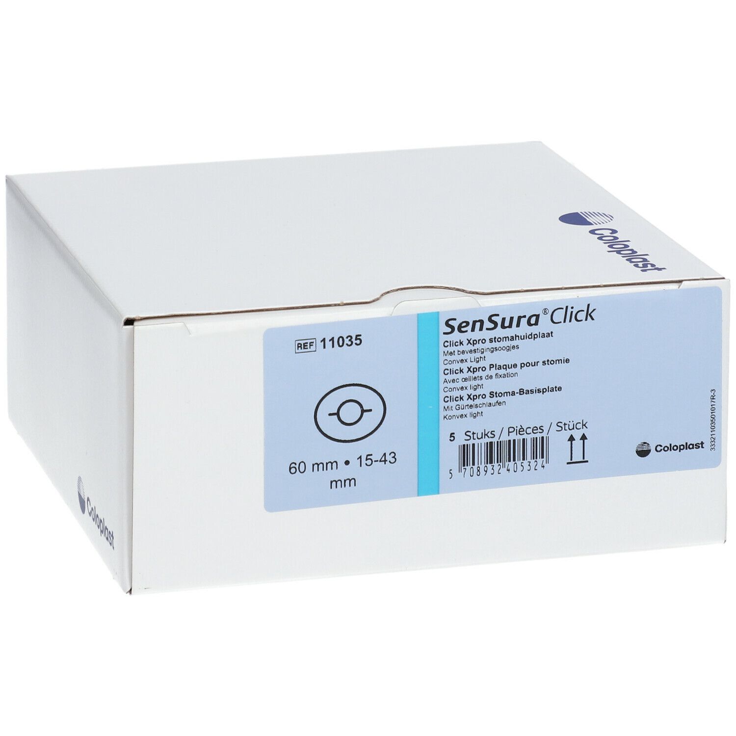 Boîte blanche avec informations produit. Étiquette avec nom du produit, taille 60 mm - 15-43 mm et logo.